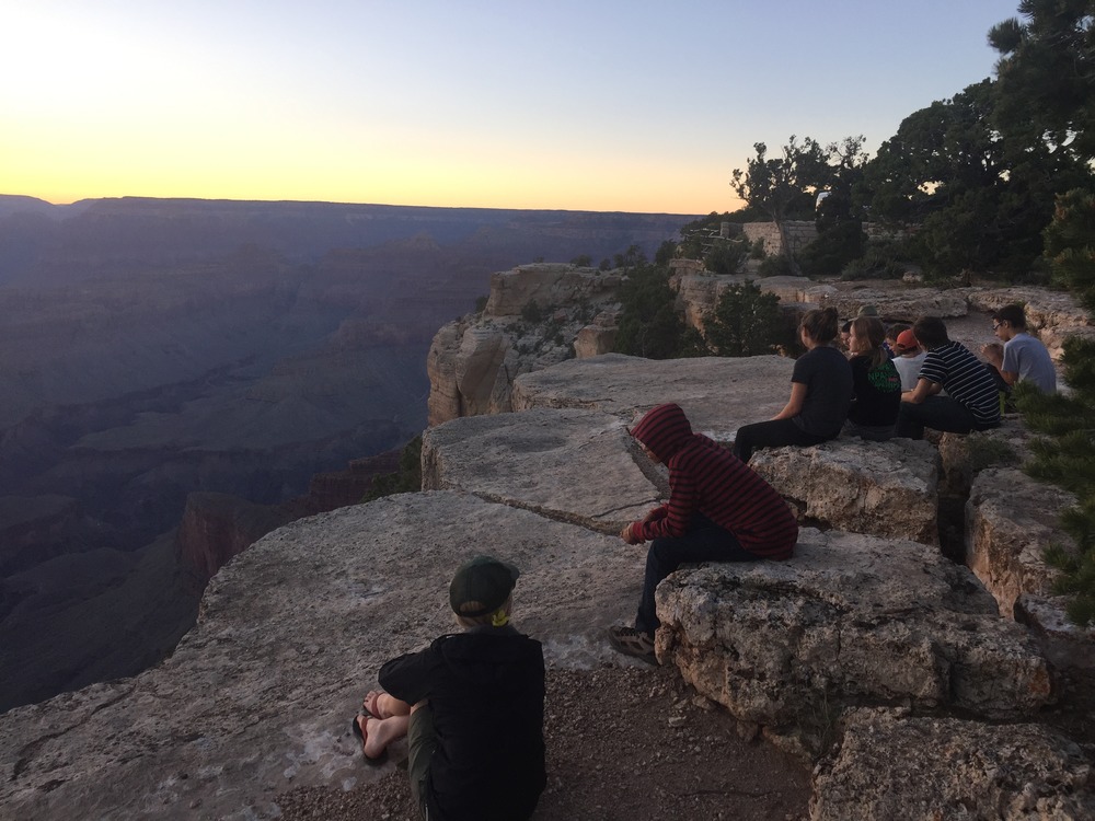Grand Canyon Expeditions participants enjoying their last sunset along Hermit's Road on the Rim of Grand Canyon