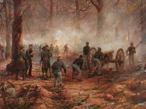 Cannon Duel, a painting Andy Thomas, an accomplished painter from Carthage Missouri. The Pea Ridge National Military Park Foundation is currently raising money to purchase this painting along with 8 others to complete the collection and own all 11 Pea Ridge paintings by Andy Thomas.
