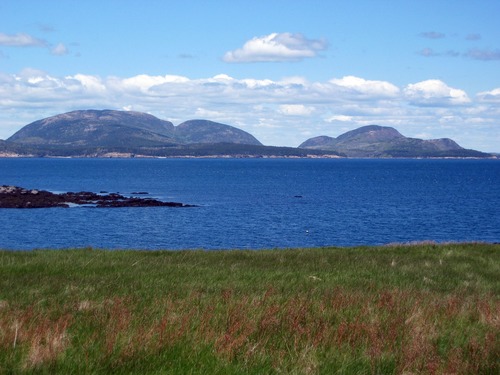 View of the mountains of Mount Desert Island as seen from Baker Island.