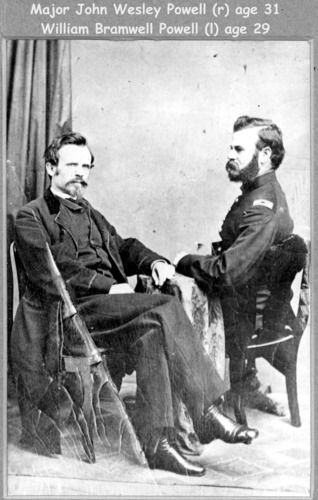 17226 JOHN W.POWELL (RIGHT, AGE 31) & BROTHER WILLIAM, SEATED, IN CIVIL WAR UNIFORMS. GRCA 13846. CIRCA 1865.