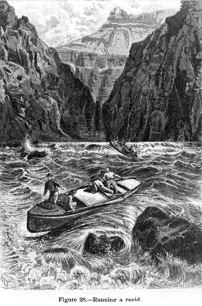 17262 "RUNNING A RAPID" ENGRAVING MADE BY ARTIST R.A. MULLER TO ILLUSTRATE THE SECOND POWELL EXPEDITION THROUGH THE GRAND CANYON. CIRCA 1873