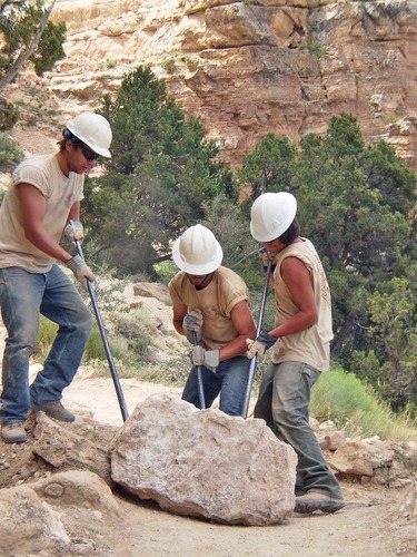 Trail work orchestrated by NPS Trail Crew with the Coconino Rural Environment Corp (CREC) and the American Conservation Experience (ACE) on the South Kaibab Trail for Summer 2009 with ARRA project funds.