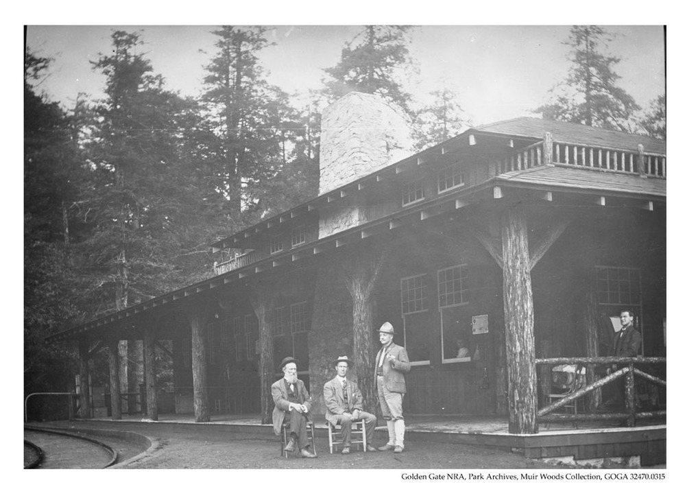 John Muir, William Kent, and J.H. Cutter posing outside Muir Woods Inn, c1913.