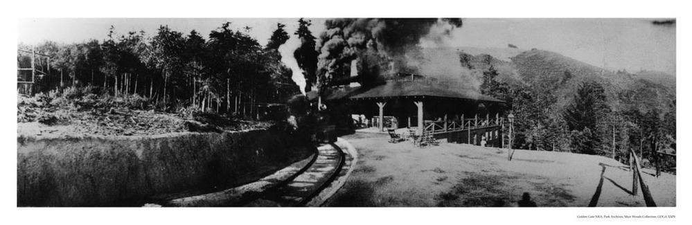 View of the original Muir Woods Inn. The open space is where Camp Alice Eastwood parking is now. After the original Inn burned c1907, the track was extended approximately ½ mile downgrade to the new Inn.