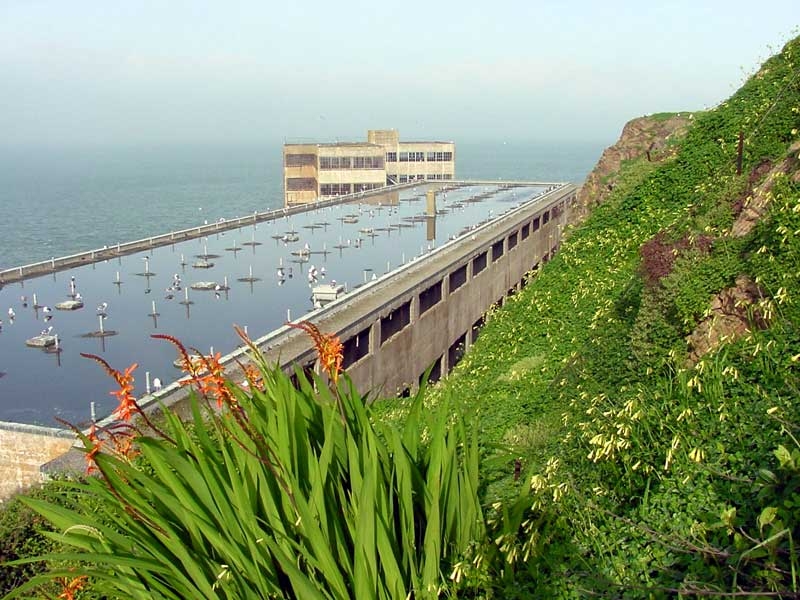 View of the industries building from the stairs leading away from the recreation yard on Alcatraz Island.
