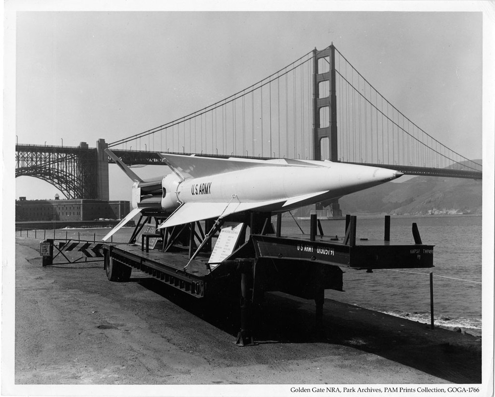 Nike missile on it's transport at Crissy Field, c1960s.