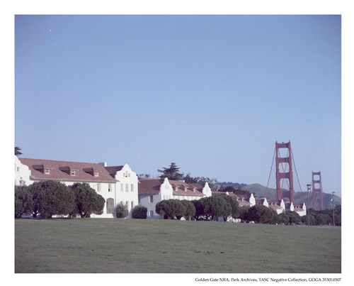 View of Fort Scott from the Parade Ground looking north toward the Golden Gate Bridge and Marin Headlands. Photograph taken: 22 March 1985 in the a.m.