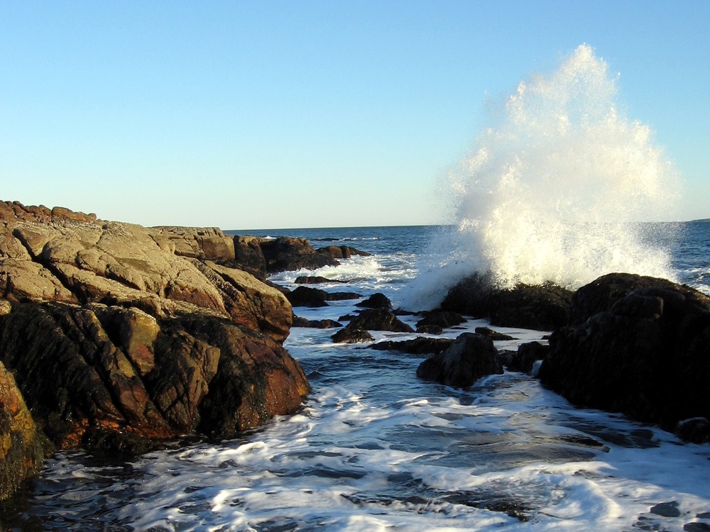 A wave crashes into the rocks at Ship Harbor.