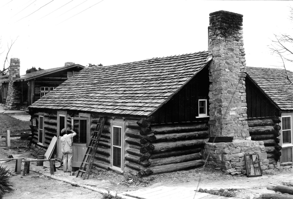 NW CORNER OF OLD BUCKY ONEILL HOUSE (CABIN) AT BRIGHT ANGEL LODGE; MAINTENENCE WORK IN PROGRESS. 21 JUNE 1935. NPS PHOTO