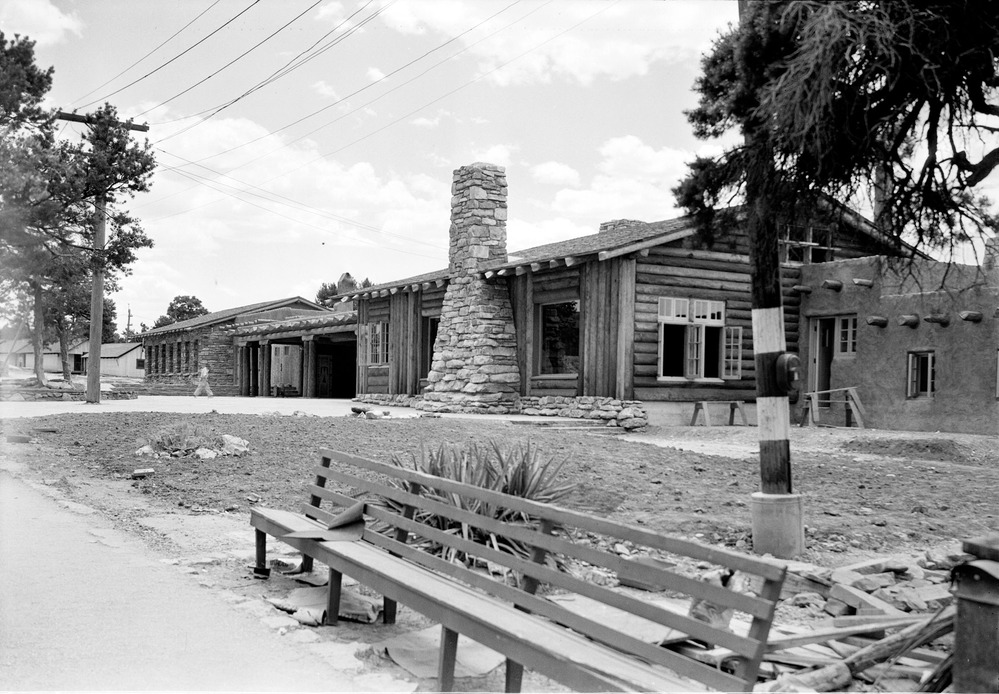 CANYON SIDE OF BRIGHT ANGEL LODGE ON S.RIM GRCA. LOOKING FROM W TO E. FIREPLACE. 06 JUNE 1936. NPS