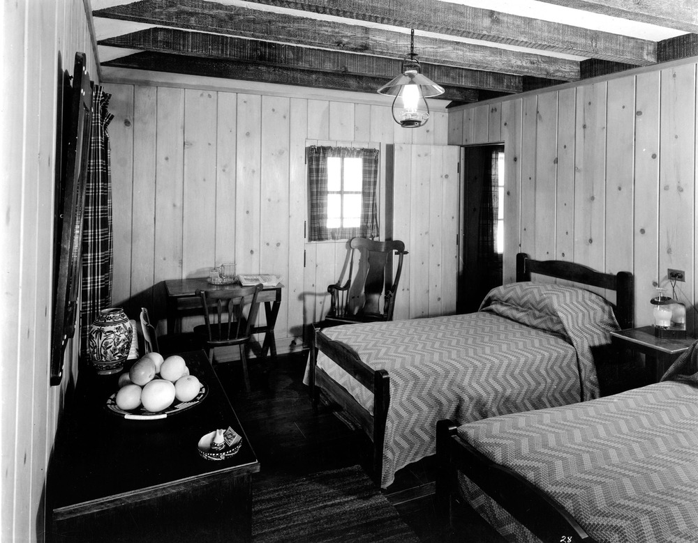 INTERIOR: GUEST ROOM AS DECORATED BY MARY COLTER. WEST WING - BRIGHT ANGEL LODGE. CIRCA 1936