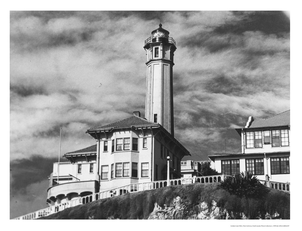 Alcatraz Lighthouse and warden's house from below, c1940s.
