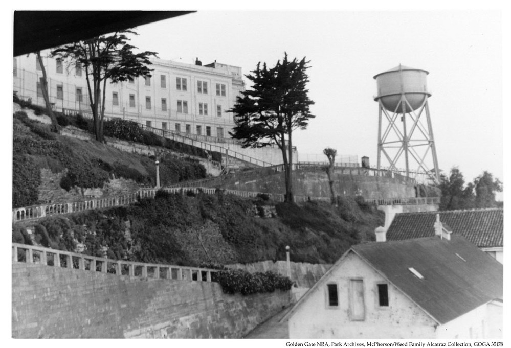 View of the Eastern side of Alcatraz, most likely from the dock tower.