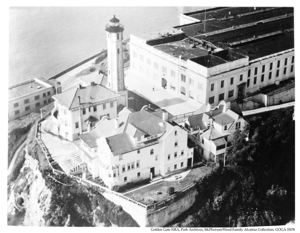 Aerial view of the Warden's house and the Alcatraz lighthouse, c1940s-1950s