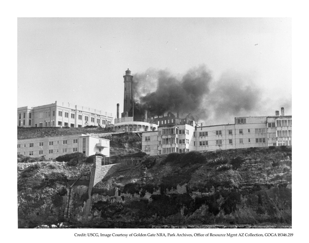Fire at the Alcatraz lighthouse seen from the water, May 30,1970.