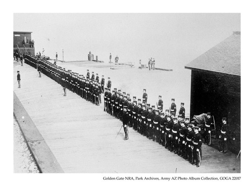 Alcatraz garrison parade formation on dock below casemates, c1902-1903.
