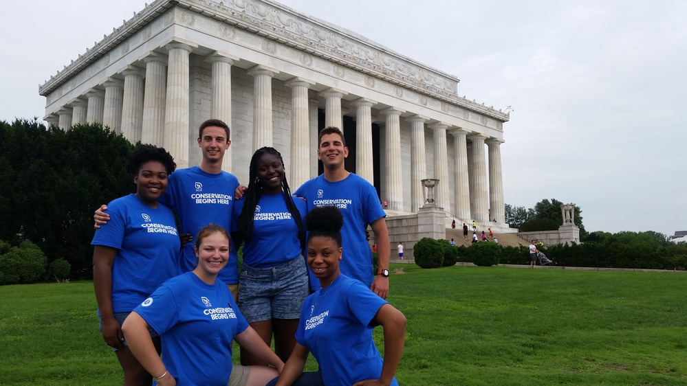Group of six interns in front of Lincoln Memorial