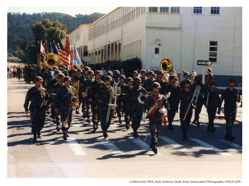 Army band marching in deactivation ceremony, 1994.