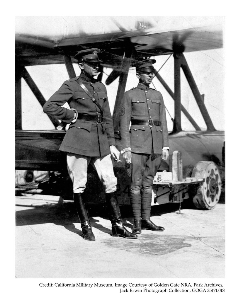 Capt. Lowell H Smith and Lieutenant John P Richter with Douglas World Cruiser airplane, c 1920s. The Douglas World Cruiser was commissioned by the U.S. Army Air Service in order to complete an around the world flight.