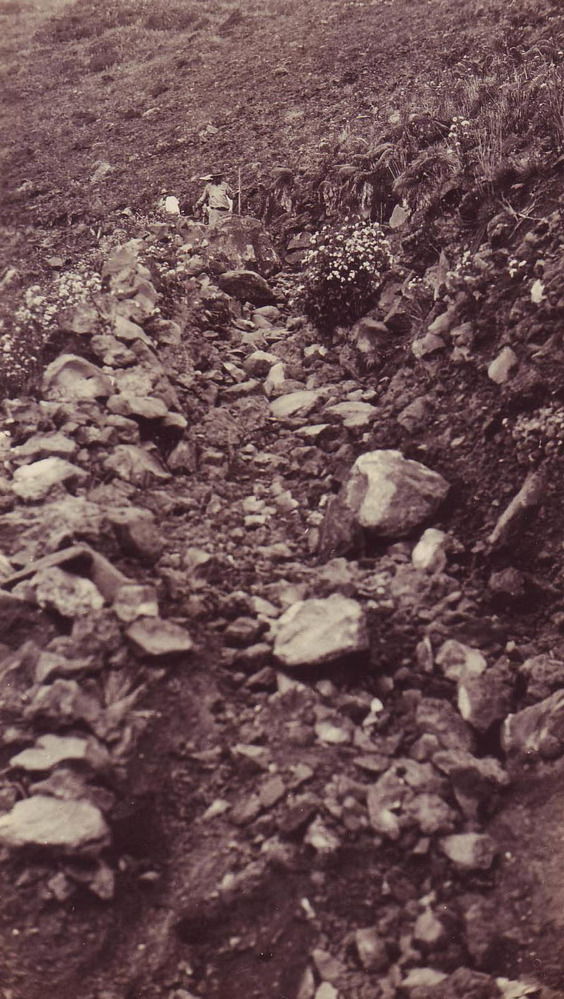 A trail through rocky terrain is strewn with rocks. 