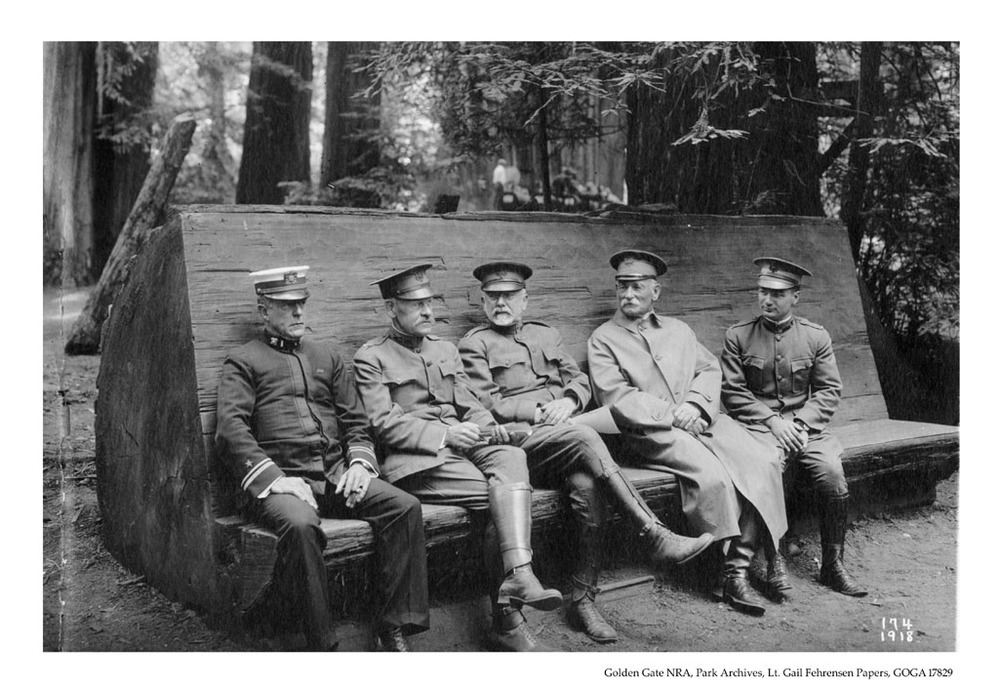Military Officers at Muir Woods, 1918. From left to right: Lt. Shaw of the US Navy, Col. Marsh of Fort Scott, Major Yeman of Alcatraz, Col. Gerard of Alcatraz, and Lt. Fehrensen of Alcatraz