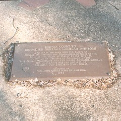 Memorial Marker-Brigadier General McIntosh HIGH COURT TO BRIGADIER GENERAL LACHLAN MCINTOSH A GENERAL CHARGED WITH THE SAFETY OF GEORGE WASHINGTON, THE COMMANDER-IN-CHIEF OF THE CONTINENTAL ARMY AT VALLEY FORGE 1777-1778 A NATIVE OF GEORGIA IN COMMAND OF THE "LIFE GUARD" VIRGINIANS AND THE NORTH CAROLINA BRIGADE HIS MODEL UNIT WAS THE NUCLEUS OF FREDRICH VON STEUBEN'S DRILL CORPS. DEDICATED BY PATRIOTIC ORDER SONS OF AMERICA 1968 DESCRIPTION: Monument is a bronze plaque set in concrete flagpole. Size is 32" x 16". DONOR & DATE: Patriotic Order Sons of America, 1968. HISTORICAL DATA: It is believed that General McIntosh served as Commander of General Washington's "Life Guards" and his unit became the nucleus of the drill corps trained directly by General Von Steuben, later carrying the drill to the other units in camp.