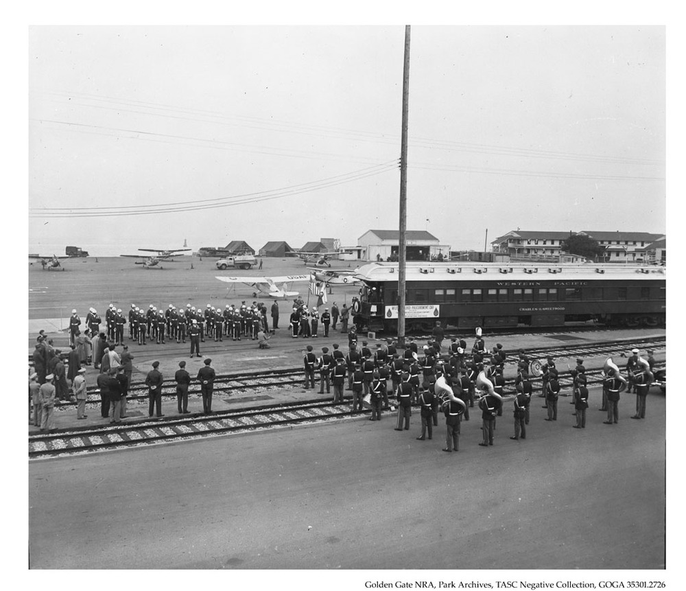 Military band greets a train at Crissy Field, 1953