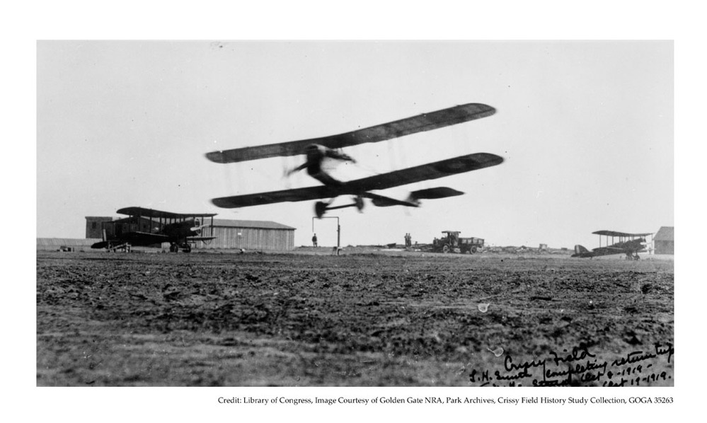 Earliest known photograph of Army flight operations at the Presidio. Capt. H. Lowell Smith lands a de Haviland upon his return from the Transcontinental Reliability and Endurance Test, October 19, 1919