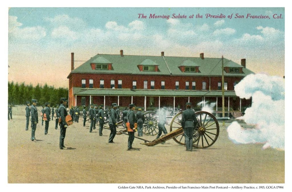 “The Morning Salute at the Presidio of San Francisco, Cal.” Soldiers setting off guns, 1915.