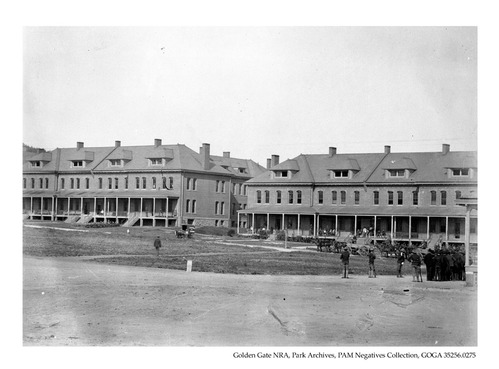 View of the Montgomery Street Barracks built in 1895 for the 30th Infantry and the Spanish-American War, 1898.