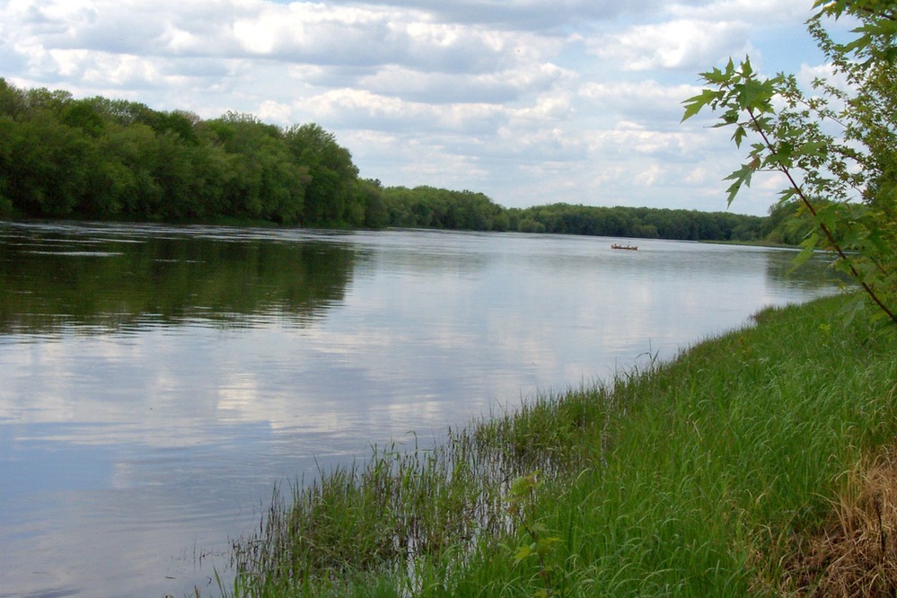Grass growing out of the water informs you that the river has recently risen due to rains, none the less it is a beautiful day for canoeing.