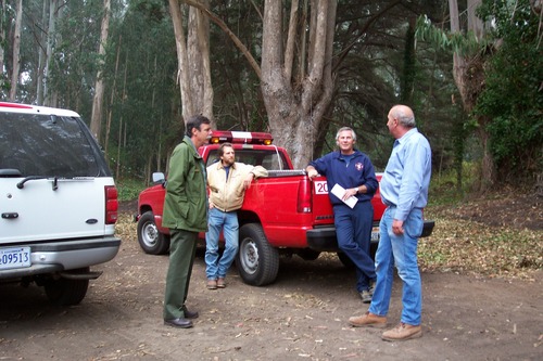 Community Partnerships: Community partnerships in the wildland-urban interface are an important fuels management strategy. Here, representatives from the National Park Service and the Bolinas Fire Protection District meet with project managers for two fuels treatment projects to discuss upcoming work.