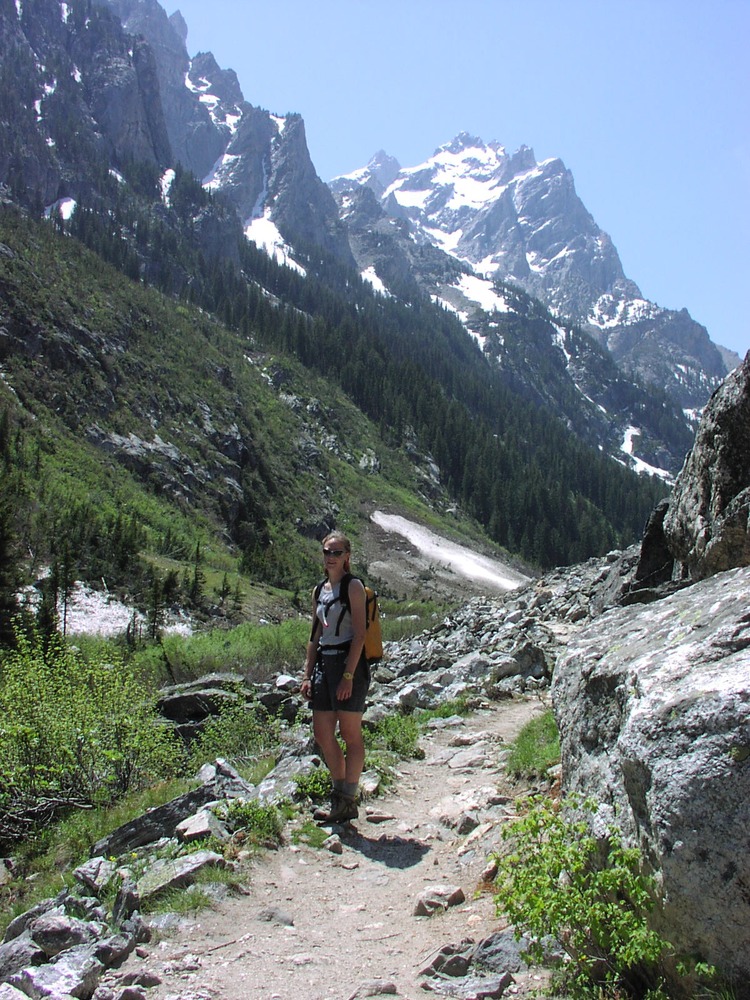 Hiker, Cascade Canyon with Mt. Owen above