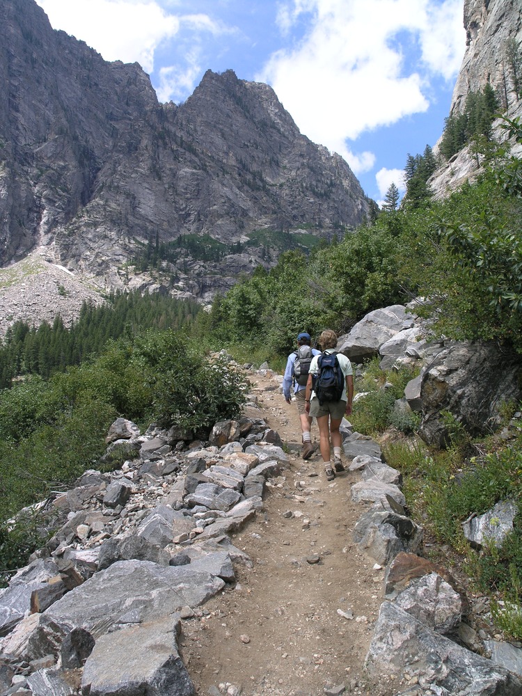 hikers, Death Canyon, shrubs, summer clouds