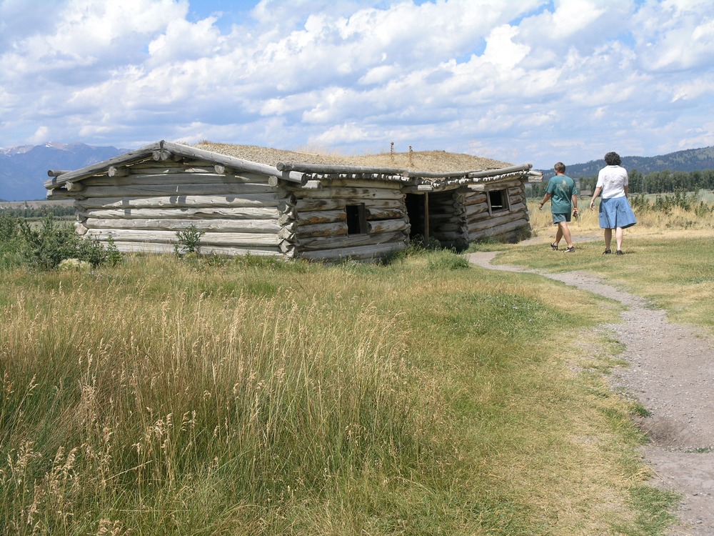 visitors at Cunningham Cabin, sod roof