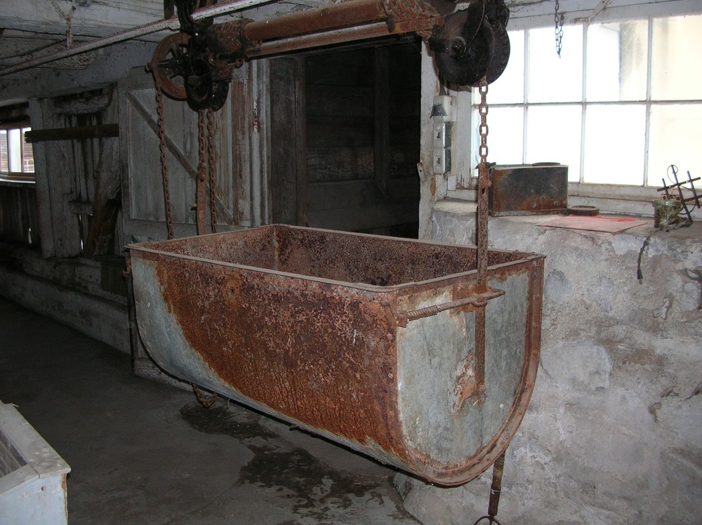 A manure spreader inside the Dechow barn.