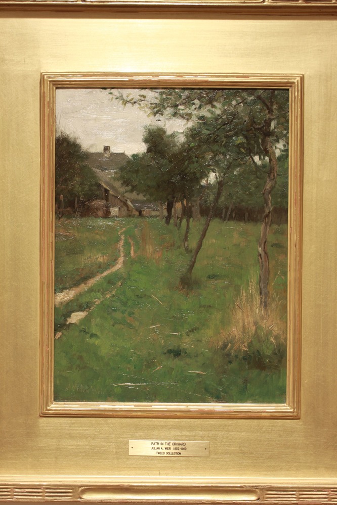 A painting of a walking path through a bunch of trees.