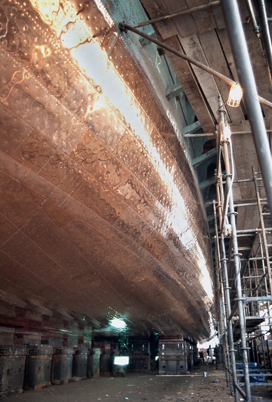 The copper sheathed bottom of the EUREKA in dry dock.