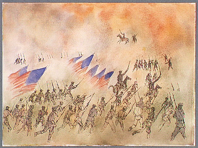 Union troops advancing during the Battle of Bull Run (Manassas).