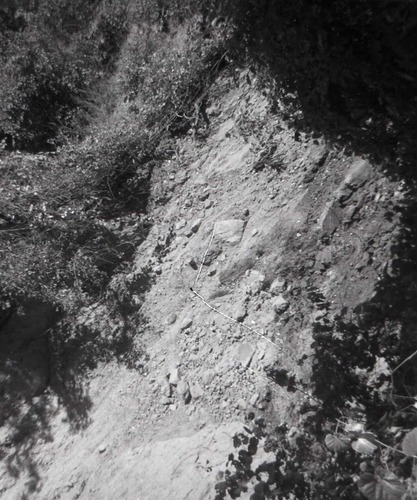 BW photo of a rock slide at the gateway to the narrows.
