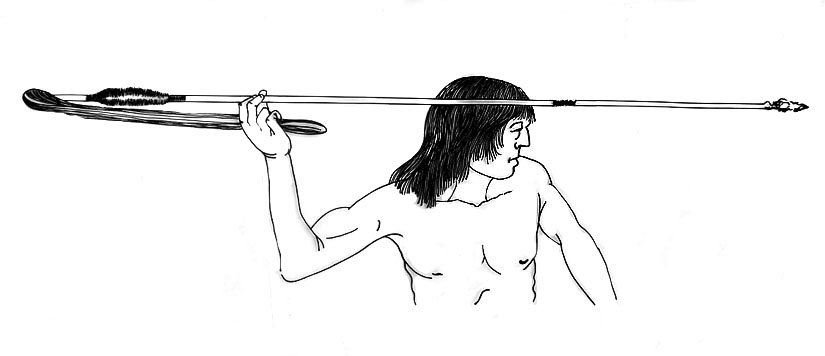 A Native American using a prehistoric spear-thrower, the atlatl, an implement that enhances the thrusting power of a stone-tipped spear.