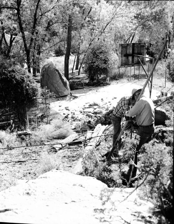 Detention dams, Potato Hollow, constructed 1950, have completely filled with sediment; water table raised, continued grazing hinders permanent establishment of grasses.