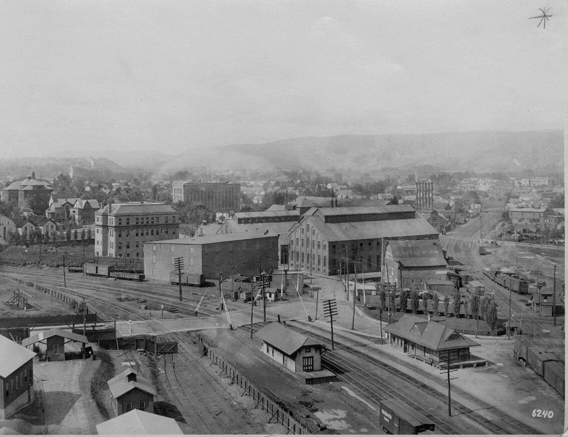 Photograph, black & white, cropped to edges.  Vulcan Iron Works in Luzerne County, PA. Mounted on linen; left margins pierced for ring binder; dimensions, L 19.0, W 24.0 CM. Each ff. includes a hand-lettered identification and cover sheet. 1918- [1921-24]-1930