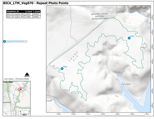 Map of repeat photo point locations for one of fifteen areas where long-term monitoring of sage-steppe vegetation occurs starting in 2011 in Bighorn Canyon National Recreation Area.