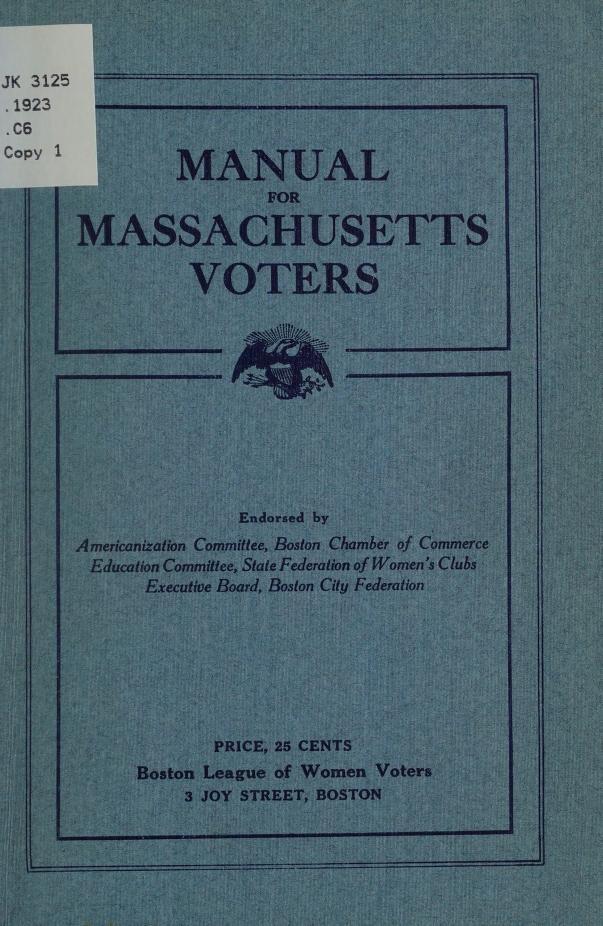 Blue front cover of the Manual for Massachusetts Voters.