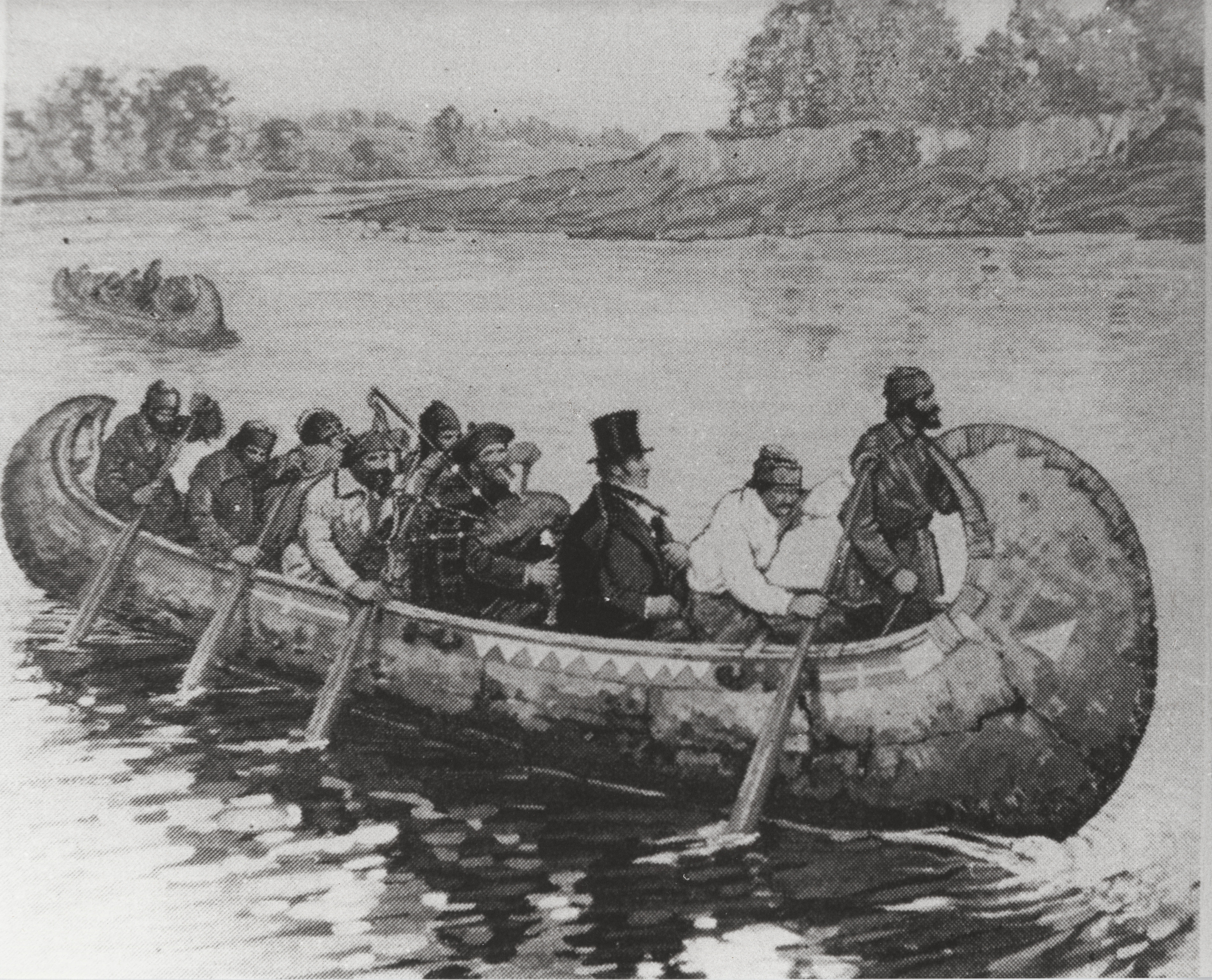 Black and white painting of nine men in a large canoe paddling on a river