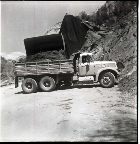 BW photo of rock slide near Echo Rock - 2.5" x 2.5".