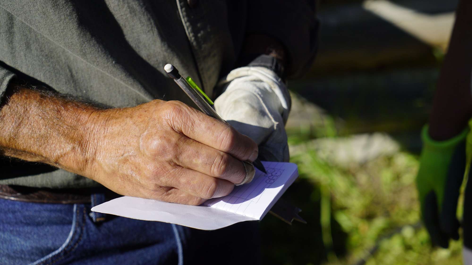 Someone writing in a notebook.