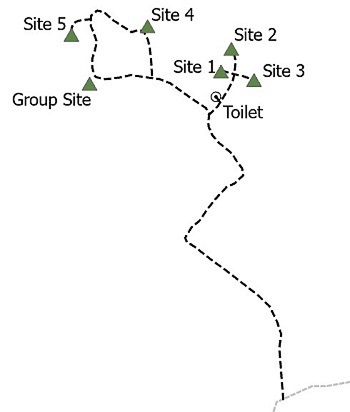Simple site map of Golden Lakes Trailside Camp showing campsites, trails and other features.