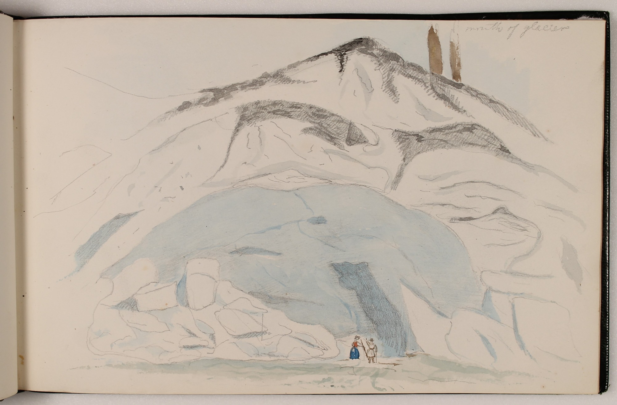 Pencil and watercolor sketch of glacier, white with blue highlights. Two small figures stand in front of glacier.